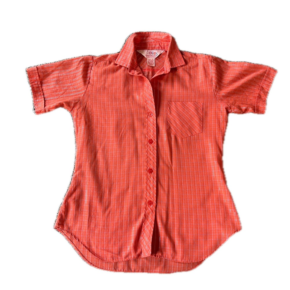 Vintage 70s Orange Silver Metallic Pinstripe Button Down Shirt Sz 9/M Disco Fall